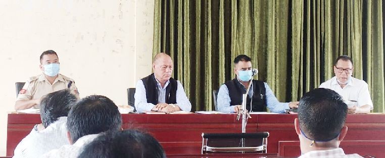 Chairman DPDB and Minister for Soil & Water Conservation, Geology & Mining, V Kashiho Sangtam addressing the meeting at DC's Conference Hall, Kiphire on August 18. (Morung Photo)